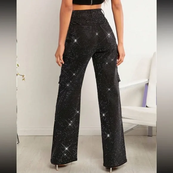 SHEIN Mid Waist Black Rhinestone Straight Leg Casual Cargo Jeans - Picture 4 of 7